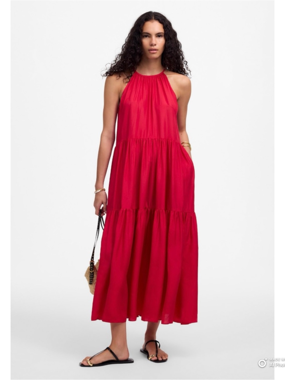 Madewell Medium Habotai Silk Tiered Halter Dress With Pockets in Watermelon NWT